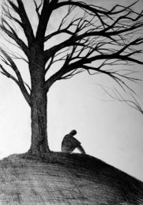 Depression man sitting under tree